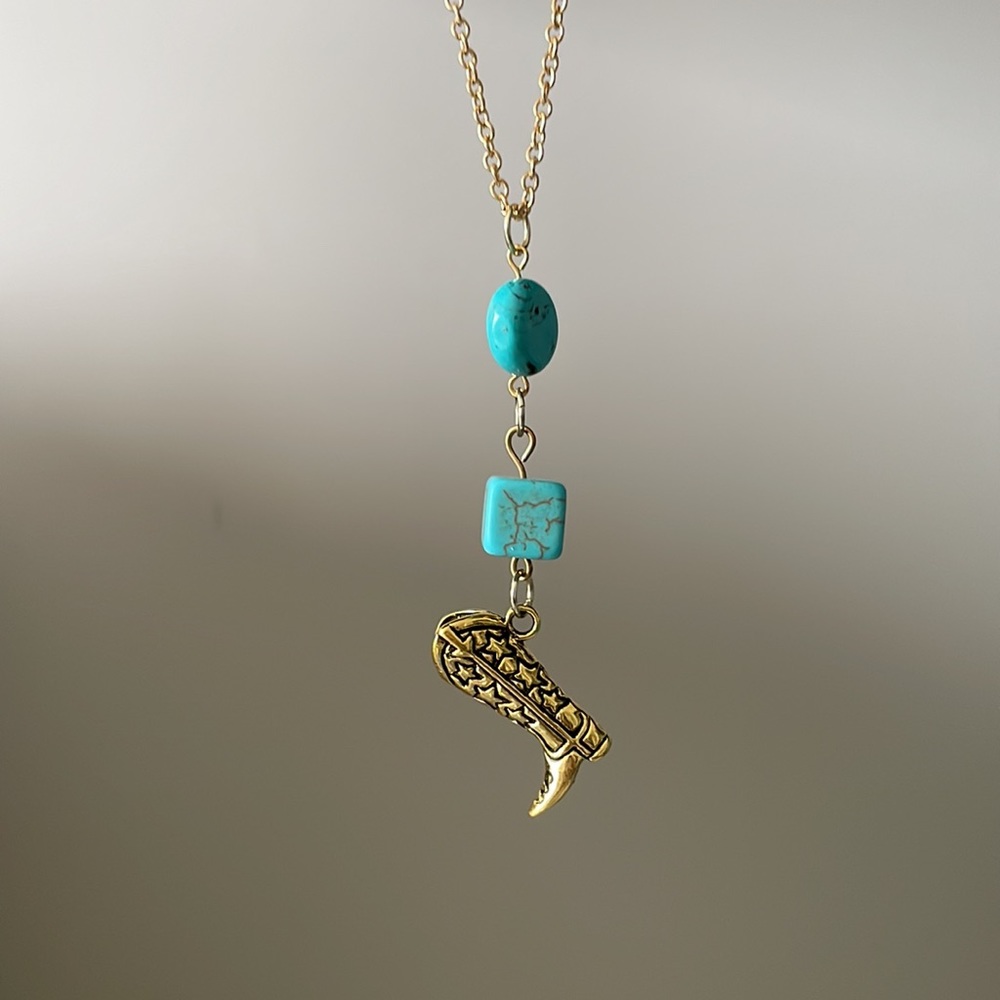 Cowboy boot and turquoise gemstone necklace